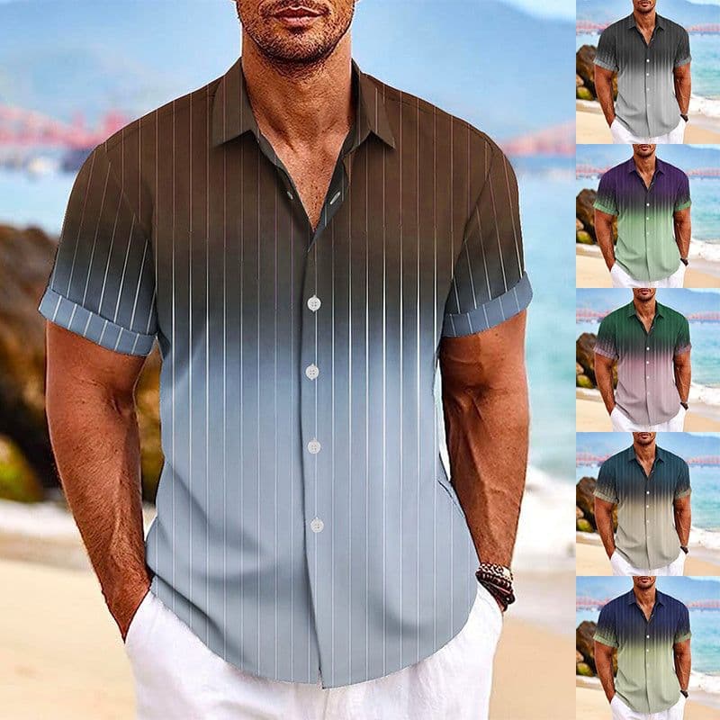 image-Lapel Button Short-sleeved Shirt Summer Fashion Gradient Striped Print Beach Shirt Leisure Tops Men's Clothing