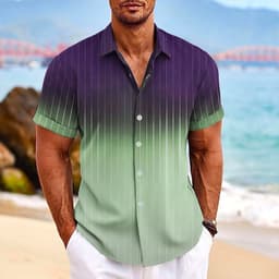image-Lapel Button Short-sleeved Shirt Summer Fashion Gradient Striped Print Beach Shirt Leisure Tops Men's Clothing