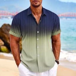 image-Lapel Button Short-sleeved Shirt Summer Fashion Gradient Striped Print Beach Shirt Leisure Tops Men's Clothing