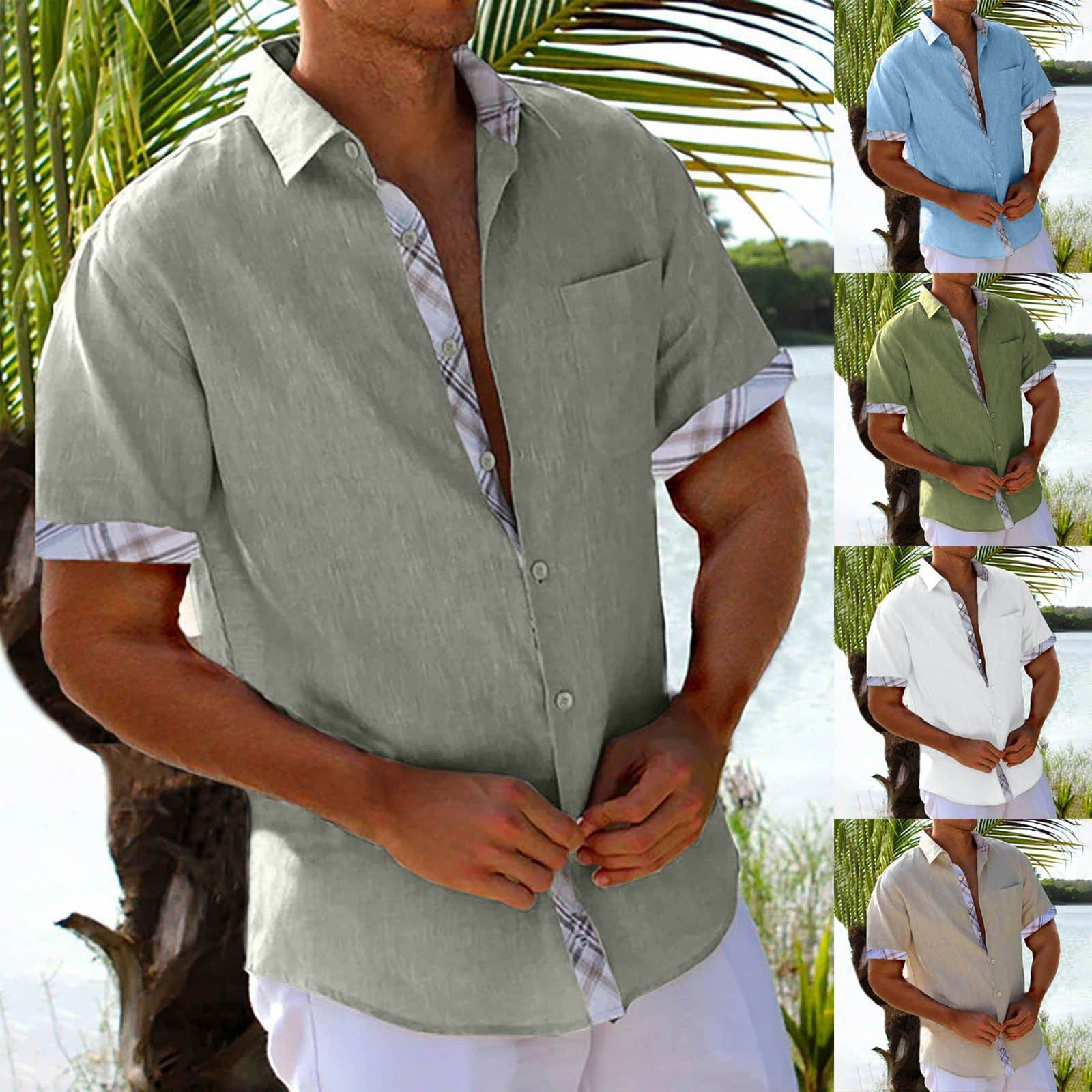 image-Vacation Short Sleeve Shirts With Plaid Side Summer Hawaii Beach Top Mens Clothing