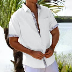 image-Vacation Short Sleeve Shirts With Plaid Side Summer Hawaii Beach Top Mens Clothing