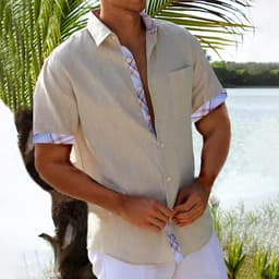 image-Vacation Short Sleeve Shirts With Plaid Side Summer Hawaii Beach Top Mens Clothing