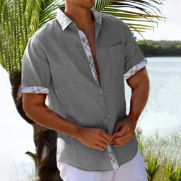 image-Vacation Short Sleeve Shirts With Plaid Side Summer Hawaii Beach Top Mens Clothing