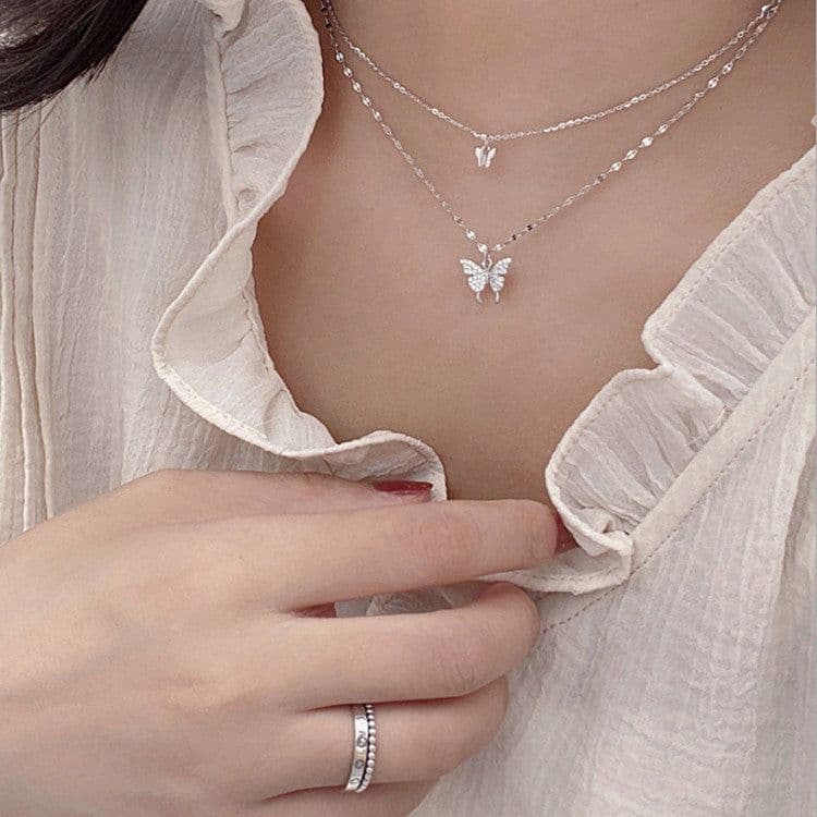 image-Fashion Jewelry Elegant Silver Color Shiny Butterfly Necklaces Ladies Exquisite Double Layer Clavicle Chain Necklace Jewelry Gift