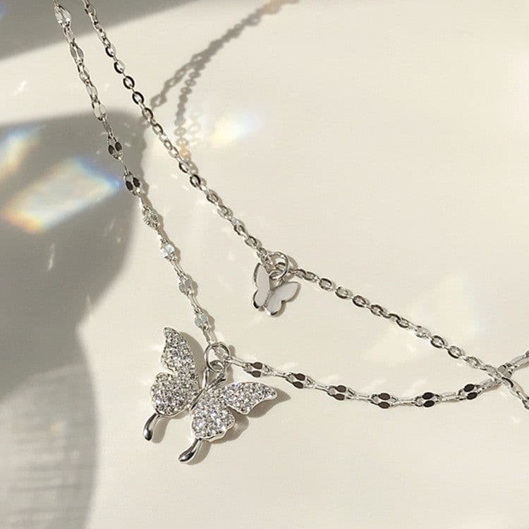 image-Fashion Jewelry Elegant Silver Color Shiny Butterfly Necklaces Ladies Exquisite Double Layer Clavicle Chain Necklace Jewelry Gift