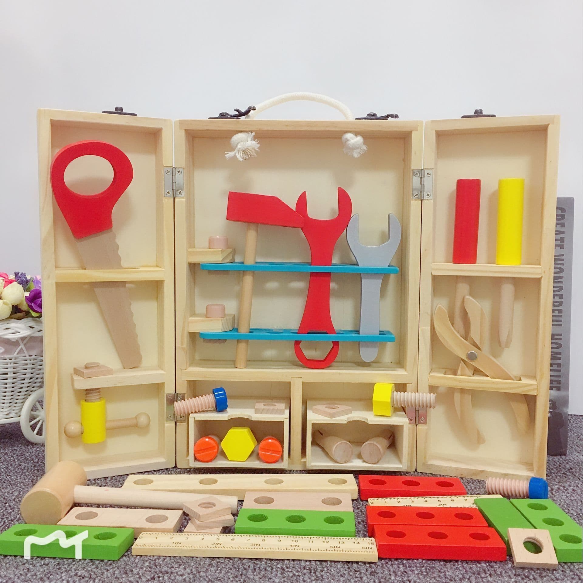 image-Children's Maintenance And Management Of Wooden Toolbox Toys Simulation Disassembly And Assembly Multi-purpose Woodworking