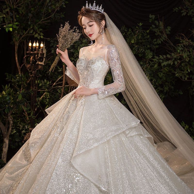 image-Wedding Evening Dress New Bride French Temperament Dream Long-sleeved Retro Big Tail