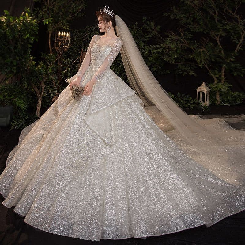 image-Wedding Evening Dress New Bride French Temperament Dream Long-sleeved Retro Big Tail