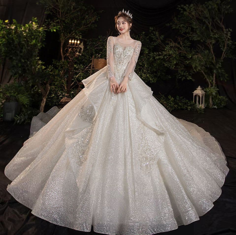 image-Wedding Evening Dress New Bride French Temperament Dream Long-sleeved Retro Big Tail