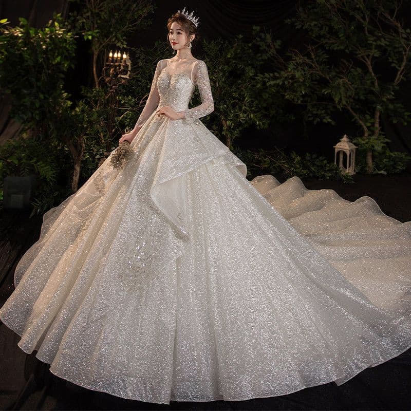 image-Wedding Evening Dress New Bride French Temperament Dream Long-sleeved Retro Big Tail
