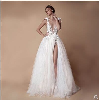 image-Angel Wedding Dress, Diamond Lace Collar, High Slit Bridal Tail, Open Back Light Wedding Dress
