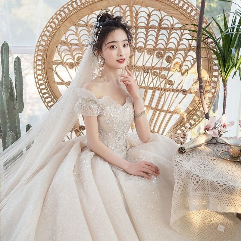 image-One-Shoulder Main Wedding Dress New Temperament Forest Super Fairy Dream Little Bride Han Trailing Starry Sky