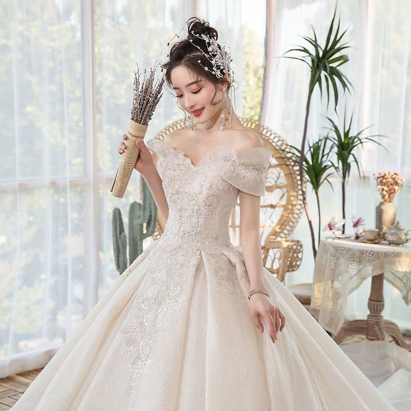 image-One-Shoulder Main Wedding Dress New Temperament Forest Super Fairy Dream Little Bride Han Trailing Starry Sky