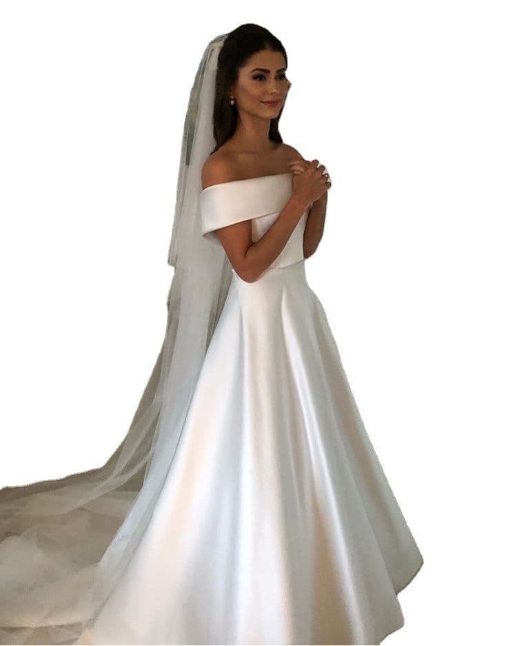 image-Simple A Line Wedding Dresses Satin Off The Shoulder Wedding Bridal Gowns Sweep Train Casual Dresses Zipper With Buttons Back