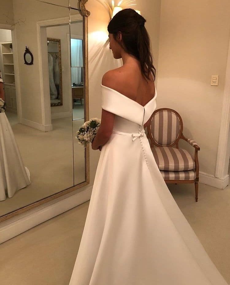 image-Simple A Line Wedding Dresses Satin Off The Shoulder Wedding Bridal Gowns Sweep Train Casual Dresses Zipper With Buttons Back