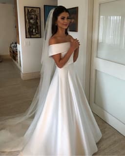 image-Simple A Line Wedding Dresses Satin Off The Shoulder Wedding Bridal Gowns Sweep Train Casual Dresses Zipper With Buttons Back