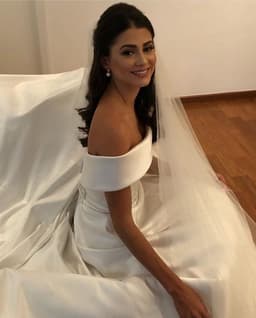 image-Simple A Line Wedding Dresses Satin Off The Shoulder Wedding Bridal Gowns Sweep Train Casual Dresses Zipper With Buttons Back