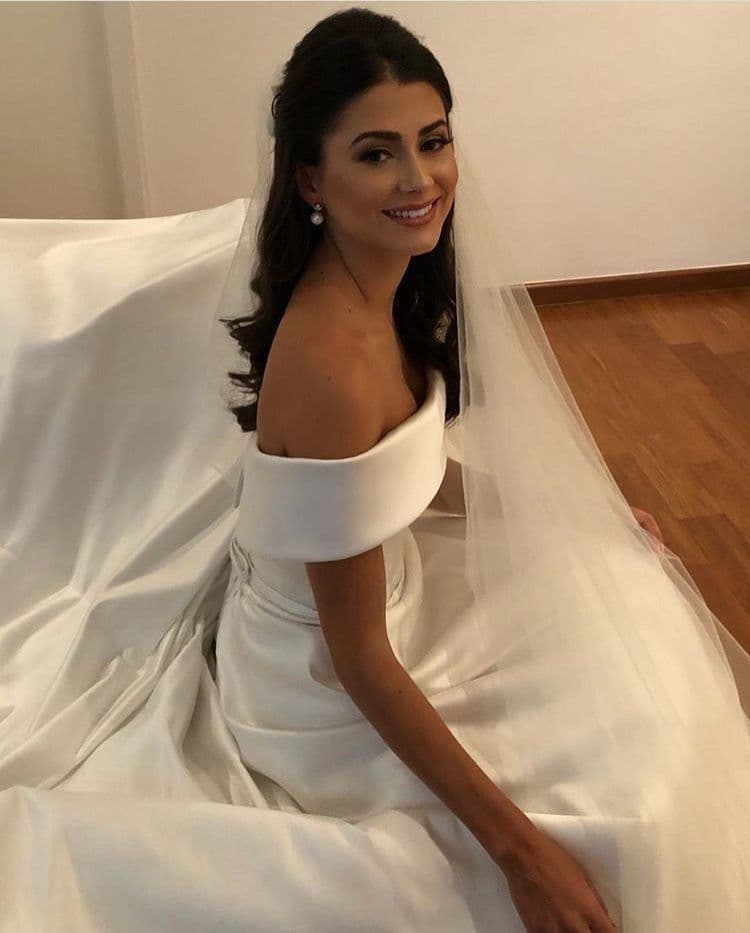 image-Simple A Line Wedding Dresses Satin Off The Shoulder Wedding Bridal Gowns Sweep Train Casual Dresses Zipper With Buttons Back