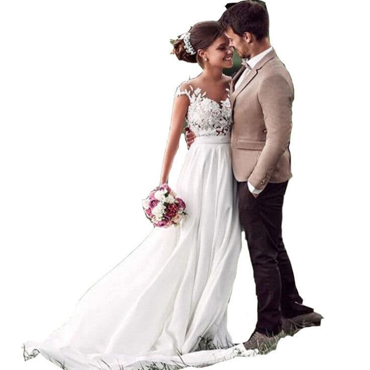 image-Retro Lace Shoulder Chiffon Slim Bridal Wedding Dress