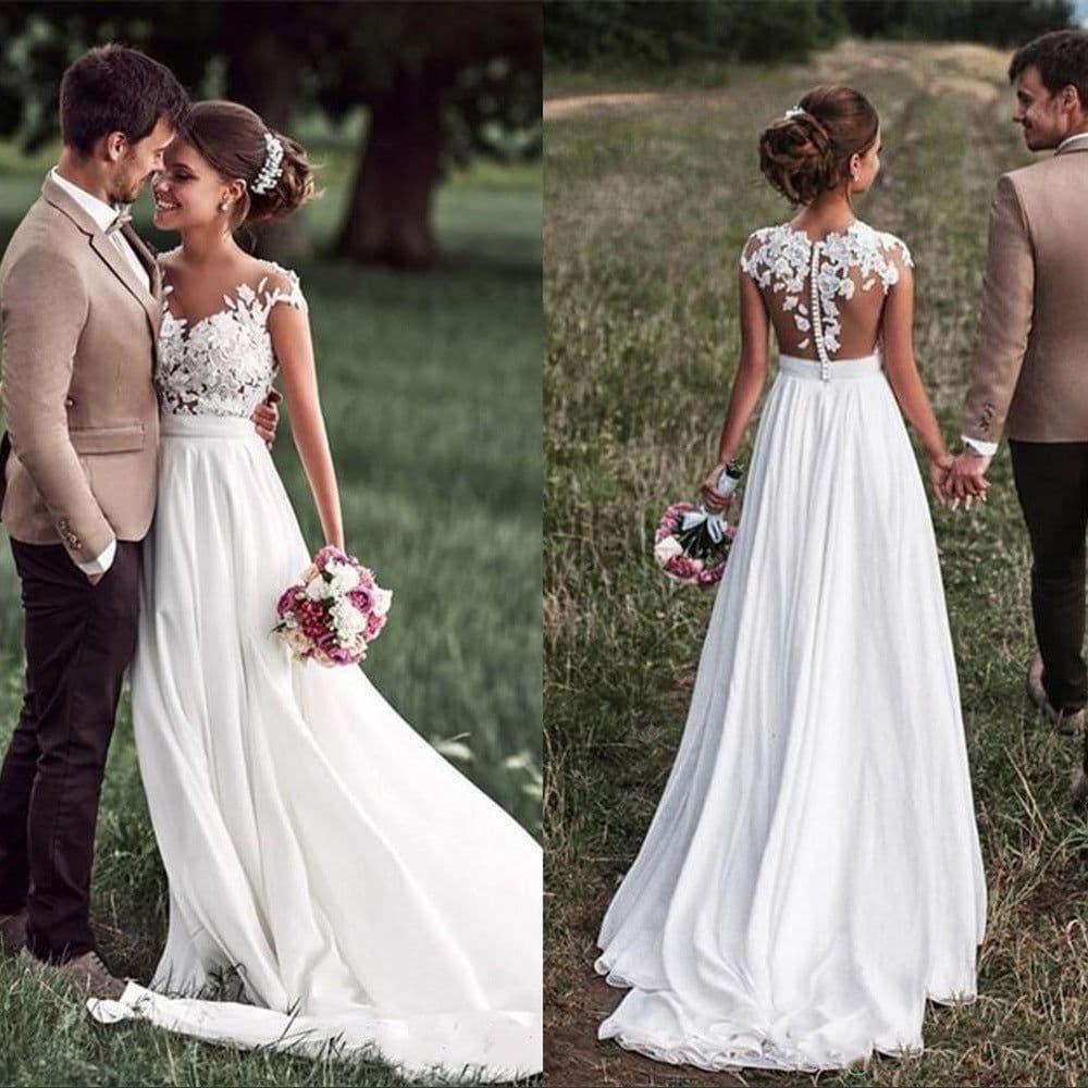image-Retro Lace Shoulder Chiffon Slim Bridal Wedding Dress