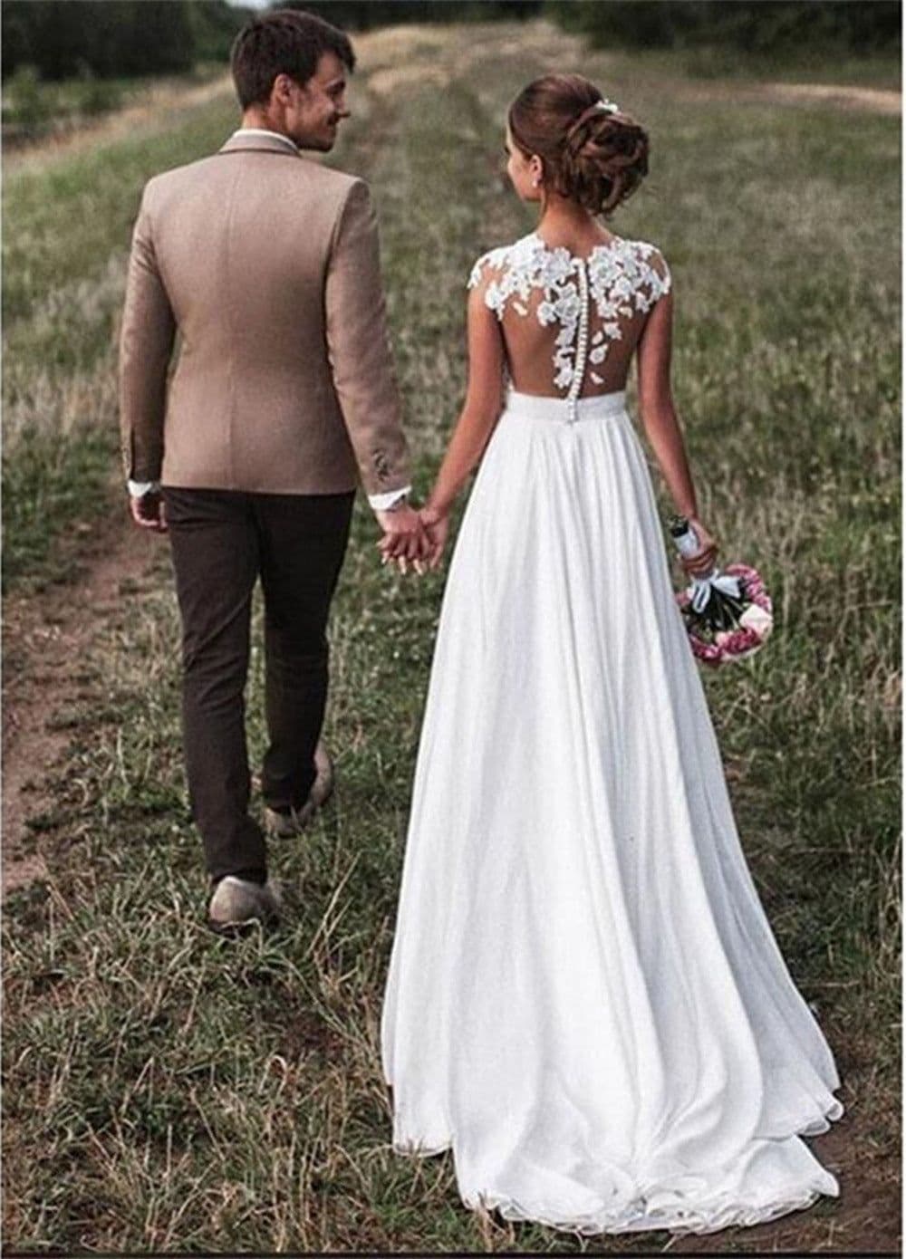 image-Retro Lace Shoulder Chiffon Slim Bridal Wedding Dress