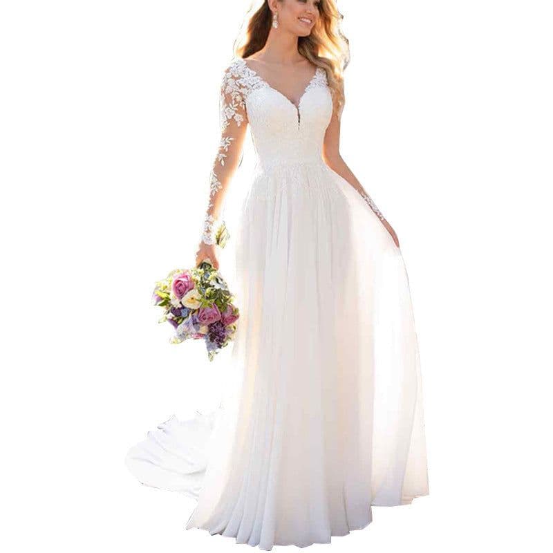 image-Sexy Backless Deep V-neck Wedding Dress Women White Evening Dress