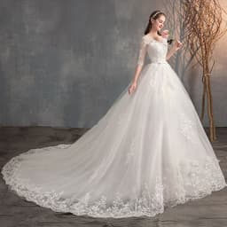 image-Wedding Dress Trailing Deep V Neck Lace High Waist Wedding Dress Long Sleeves