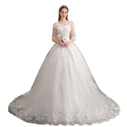 image-Wedding Dress Trailing Deep V Neck Lace High Waist Wedding Dress Long Sleeves