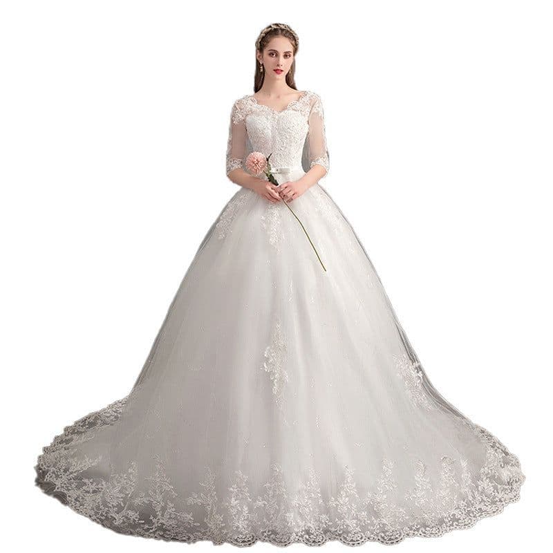 image-Wedding Dress Trailing Deep V Neck Lace High Waist Wedding Dress Long Sleeves