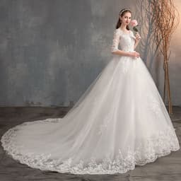 image-Wedding Dress Trailing Deep V Neck Lace High Waist Wedding Dress Long Sleeves