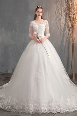 image-Wedding Dress Trailing Deep V Neck Lace High Waist Wedding Dress Long Sleeves