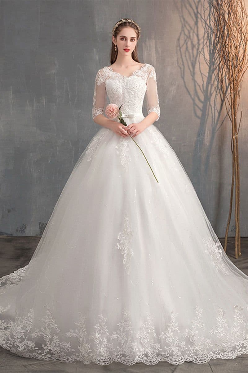 image-Wedding Dress Trailing Deep V Neck Lace High Waist Wedding Dress Long Sleeves