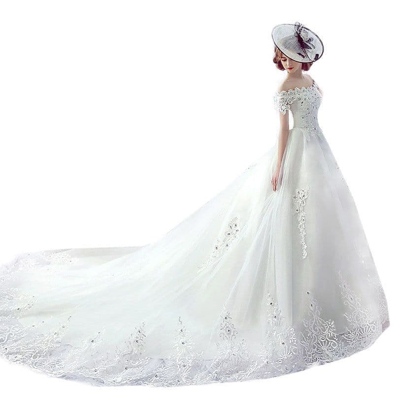 image-Wedding Dress Bride One-shoulder Trailing French Veil Hepburn Female
