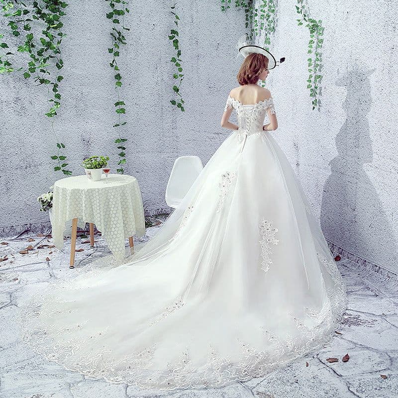 image-Wedding Dress Bride One-shoulder Trailing French Veil Hepburn Female