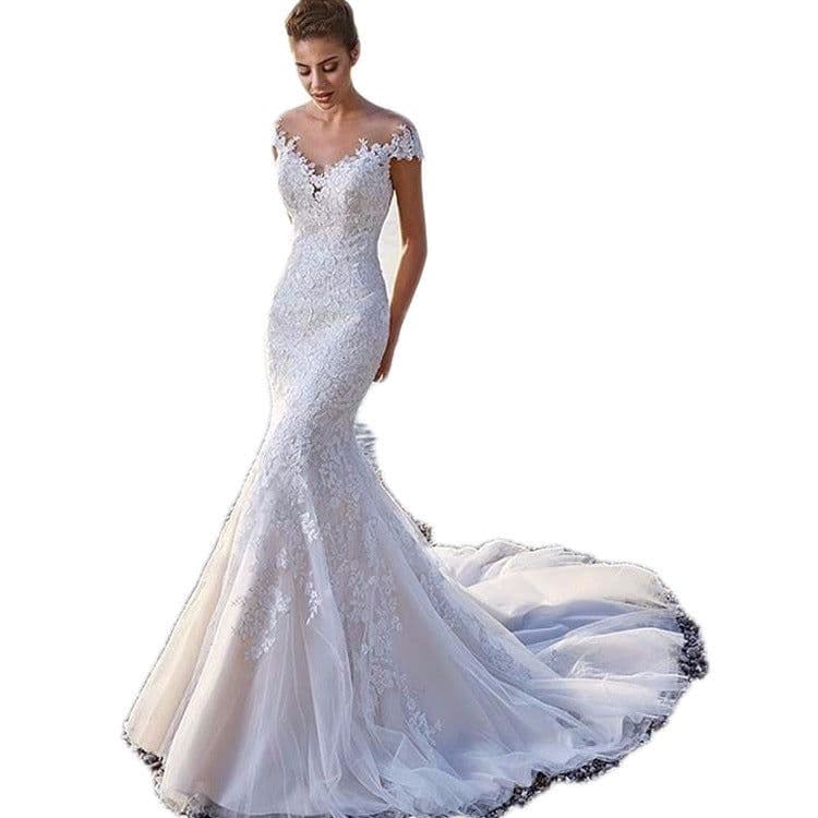 image-Princess Bride Mermaid Wedding Dress White Trailing Perspective Backless Lace Wedding Dress