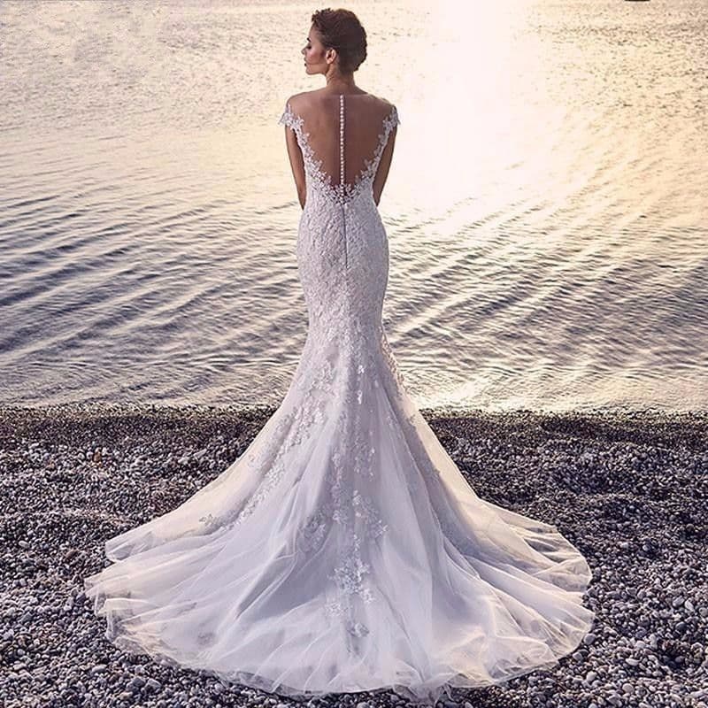 image-Princess Bride Mermaid Wedding Dress White Trailing Perspective Backless Lace Wedding Dress