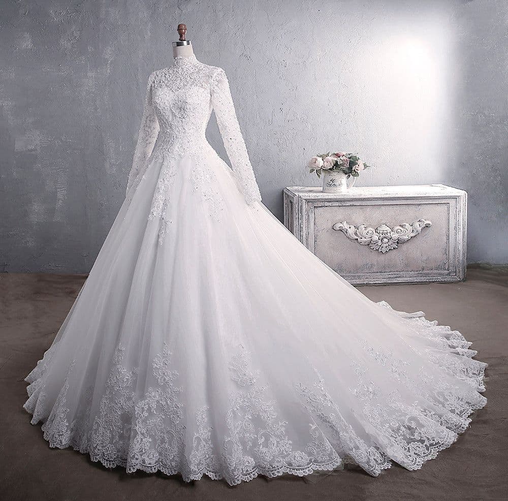 image-Lace Wedding Dress Bridal Stand-up Collar Long-sleeved Large Tail Large Size