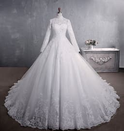image-Lace Wedding Dress Bridal Stand-up Collar Long-sleeved Large Tail Large Size