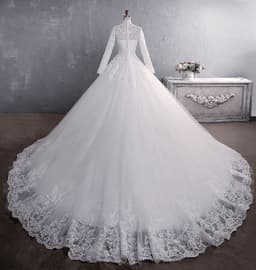 image-Lace Wedding Dress Bridal Stand-up Collar Long-sleeved Large Tail Large Size
