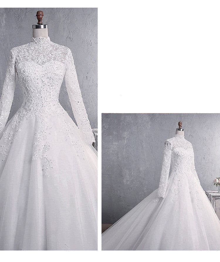 image-Lace Wedding Dress Bridal Stand-up Collar Long-sleeved Large Tail Large Size