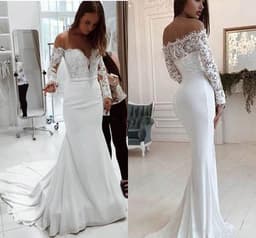 image-Fashion One Shoulder Lace Long Sleeve Dress Mopping Wedding Dress