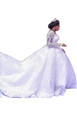 image-Lace African Wedding Dress Long Sleeves Round Neck Big Tail Tutu Skirt