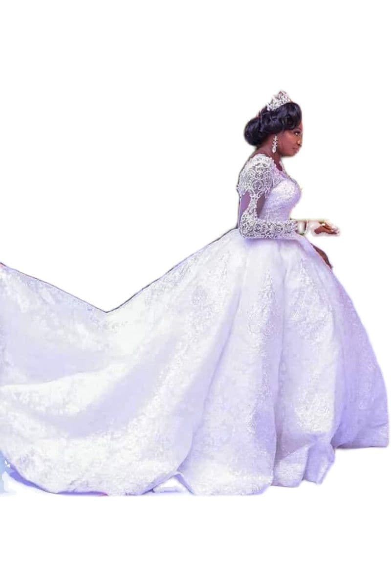 image-Lace African Wedding Dress Long Sleeves Round Neck Big Tail Tutu Skirt