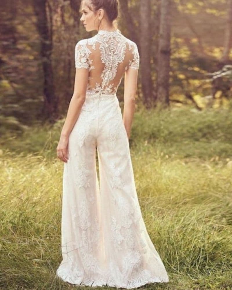 image-Bride Pants Suit Wedding Bridal Gowns Short Sleeve Jumpsuit