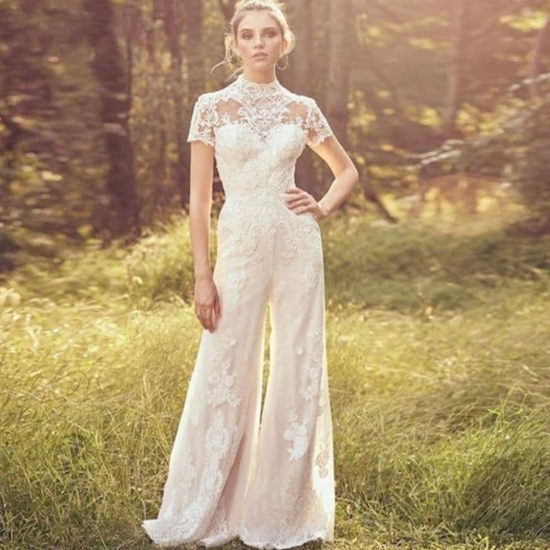 image-Bride Pants Suit Wedding Bridal Gowns Short Sleeve Jumpsuit