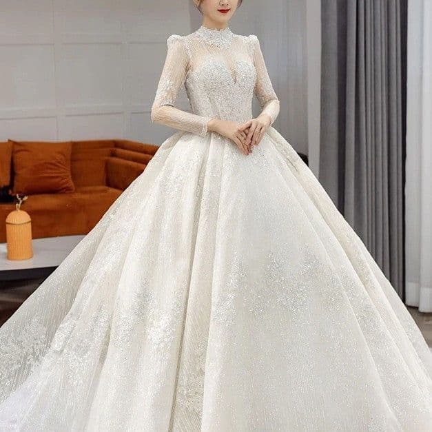 image-Long Sleeve French Vintage Light Wedding Dress Bride