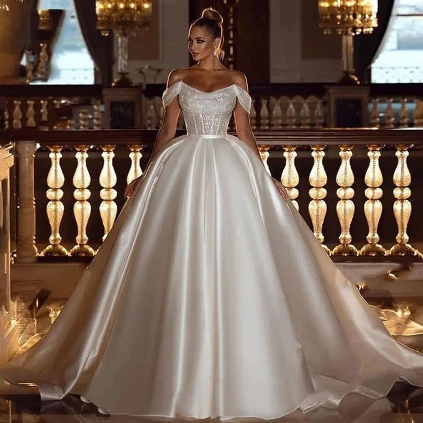 image-A-Line Off Shoulder Wedding Dresses Shiny Bohemia Women's
