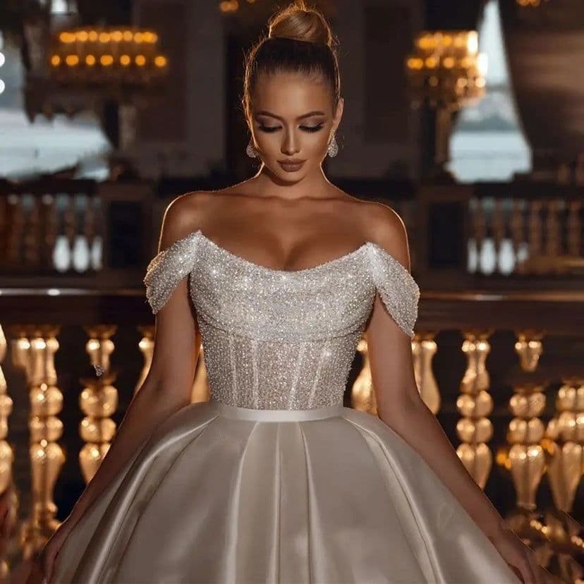 image-A-Line Off Shoulder Wedding Dresses Shiny Bohemia Women's