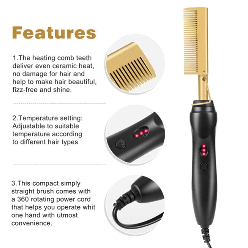 image-Electric Straight Hair Curling Comb Dry Wet Dual Purpose Copper Comb