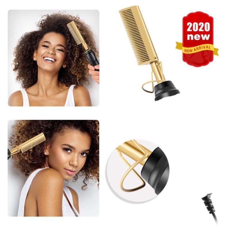 image-Electric Straight Hair Curling Comb Dry Wet Dual Purpose Copper Comb